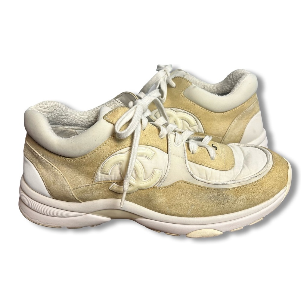 Chanel CC Logo Suede‎ Calfskin Sneaker Beige White Men's EU 44 US 11 G34361